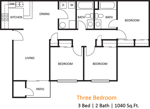 A black and white image of a three bedroom house plan.